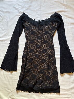 Shirley of Hollywood Black Lace Off-Shoulder Dress with Bell Sleeves